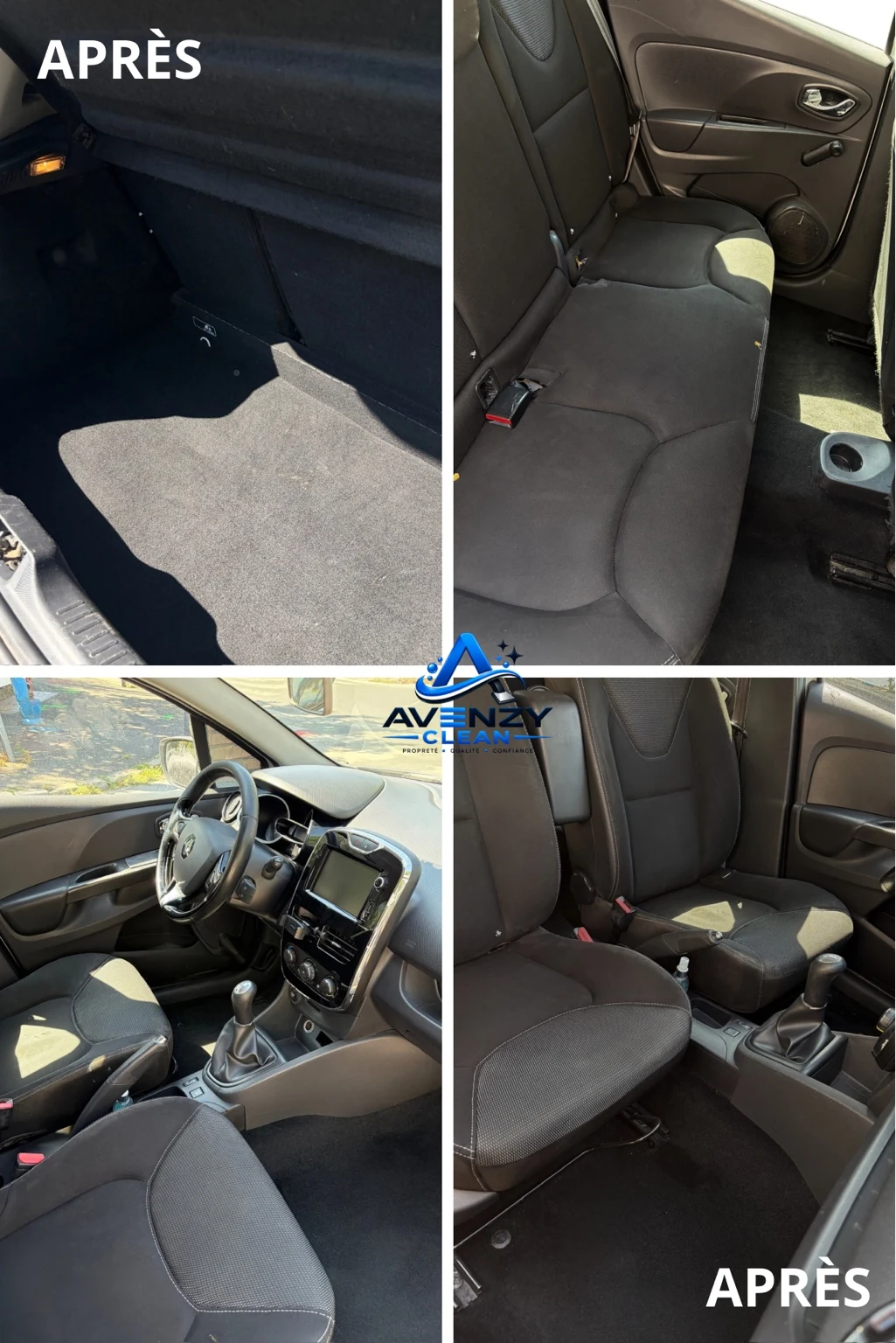 Photos d’un intérieur automobile nettoyé par Avenzy Clean